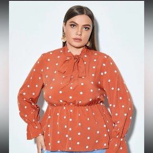 Plus Polka Dot Tie Neck Flounce Sleeve Peplum Hem Blouse